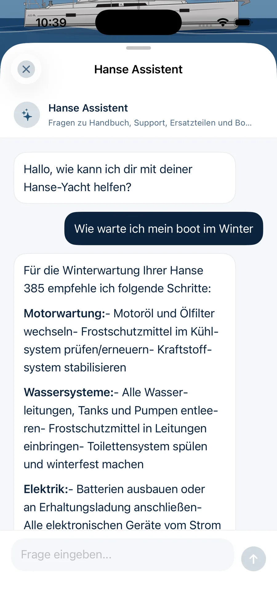 Hanse Assistent beantwortet eine Frage zur Winterwartung der Hanse 385