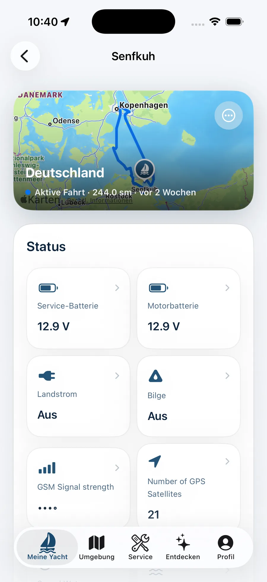 Bootsdaten der „Senfkuh“: Törn auf der Karte, Batterien, Landstrom, Bilge und GPS