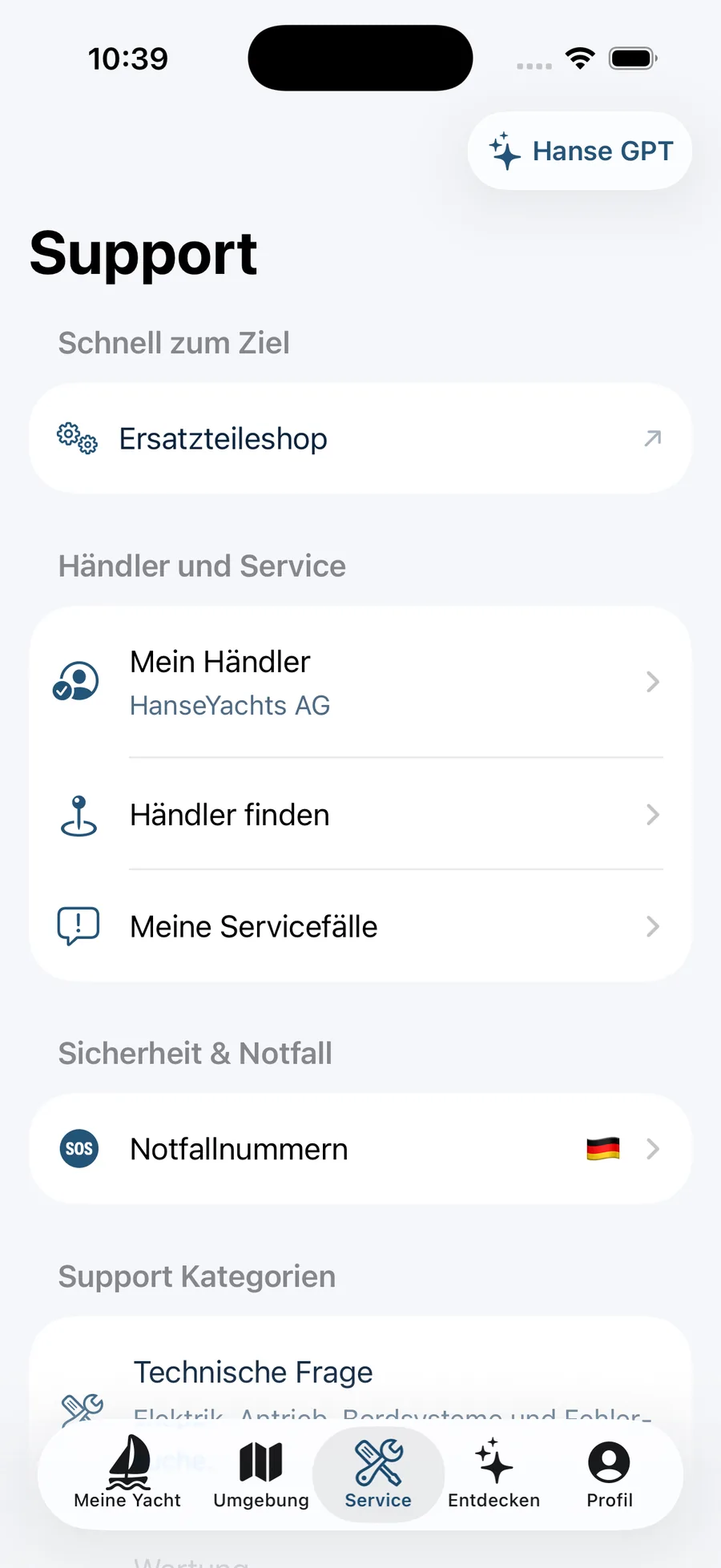 Support mit Ersatzteileshop, eigenem Händler, Servicefällen und Notfallnummern