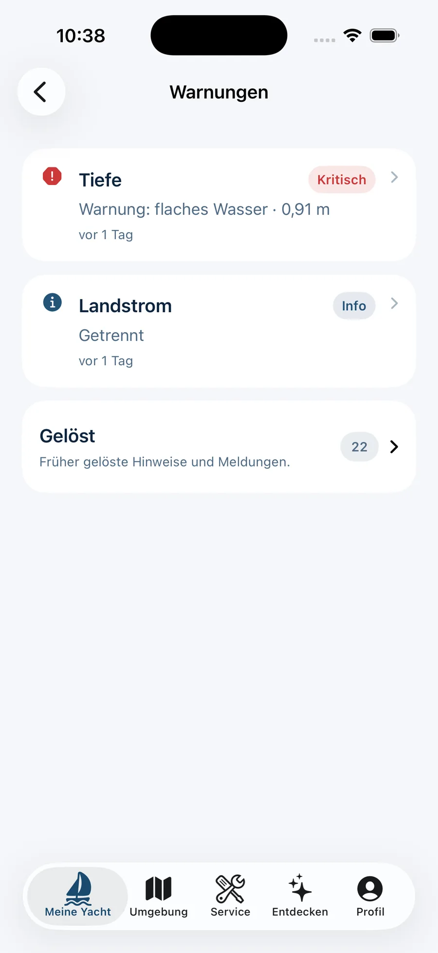 Warnungen: kritische Meldung über flaches Wasser und getrennter Landstrom